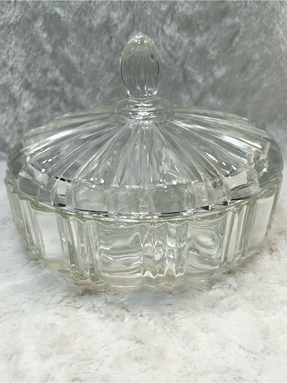 Anchor Hocking Old Cafe 1930s Glass Covered Ornate Jewelry Trinket Box Candydish